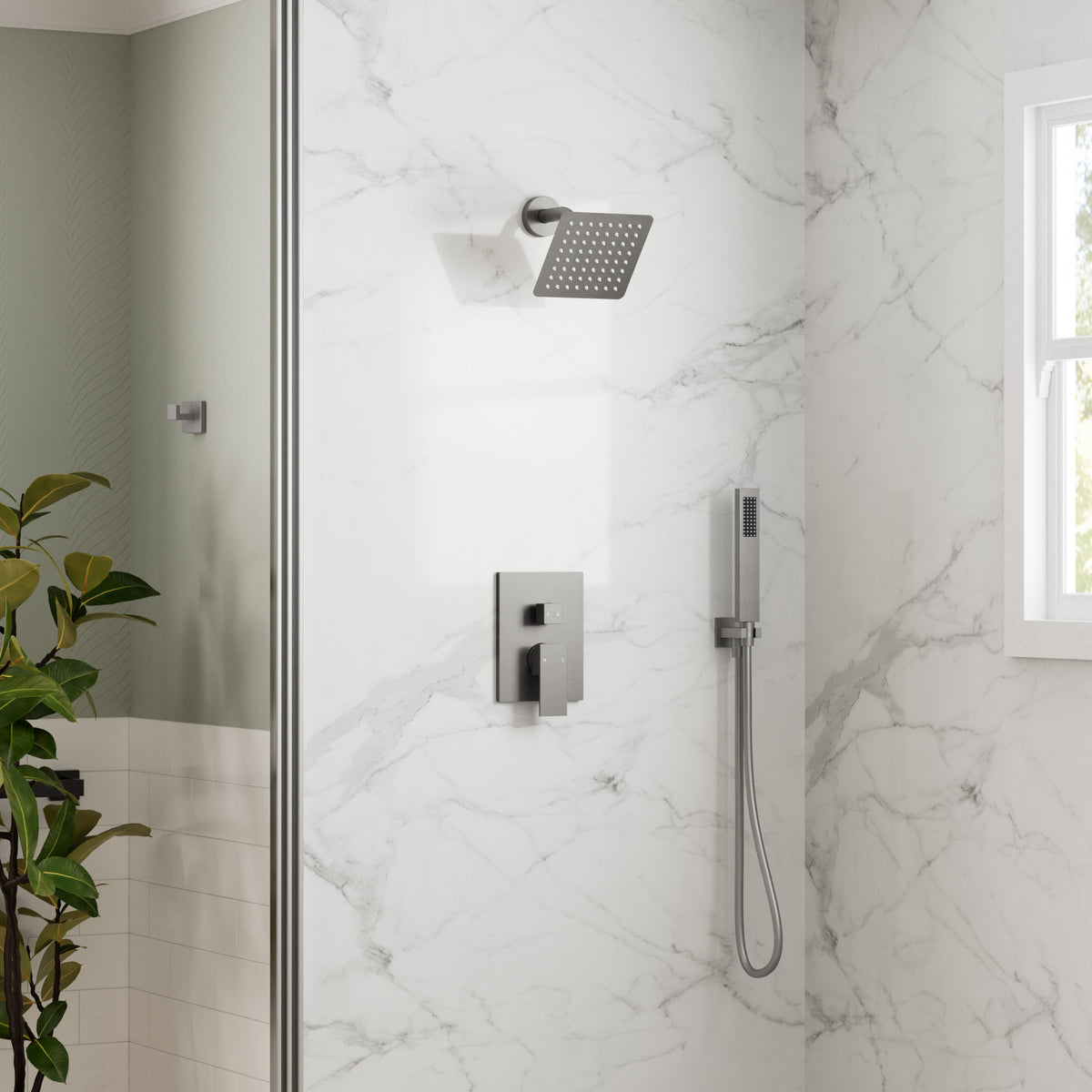 Square Wall-Mounted Shower System with Adjustable Handheld Spray