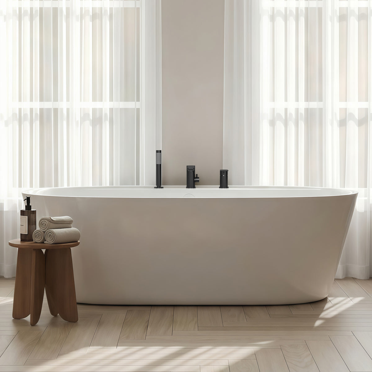 Low-Arc Deck-Mounted Bathtub Faucet with Hand Shower and Swivel Spout
