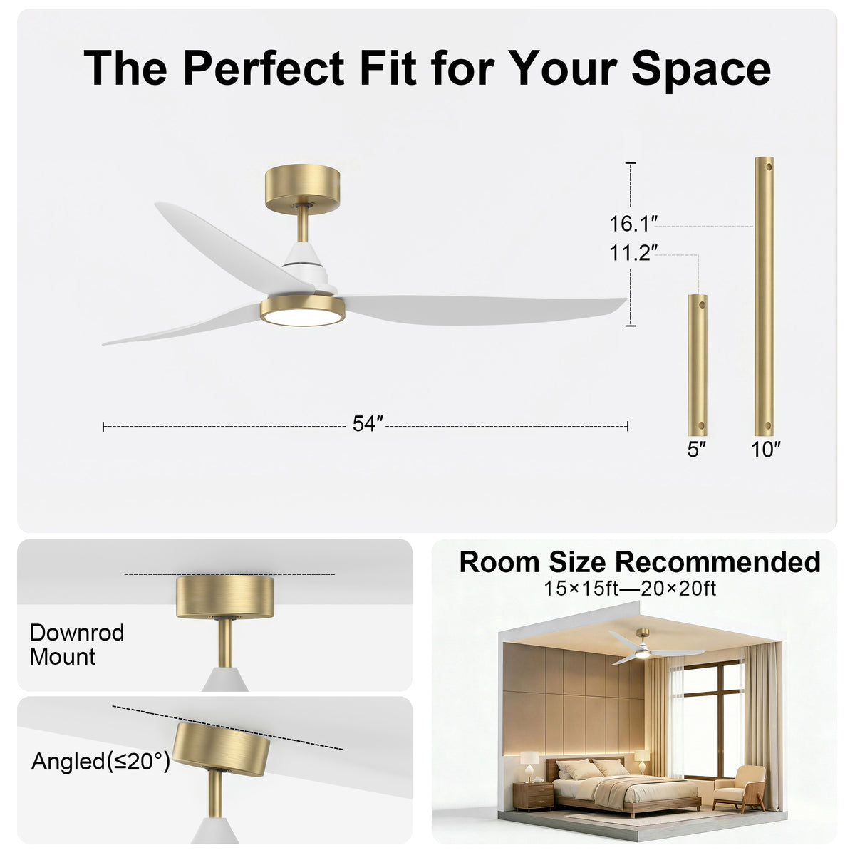 54-Inch Downrod Mount 3-Blade Ceiling Fan with Light and Remote Control