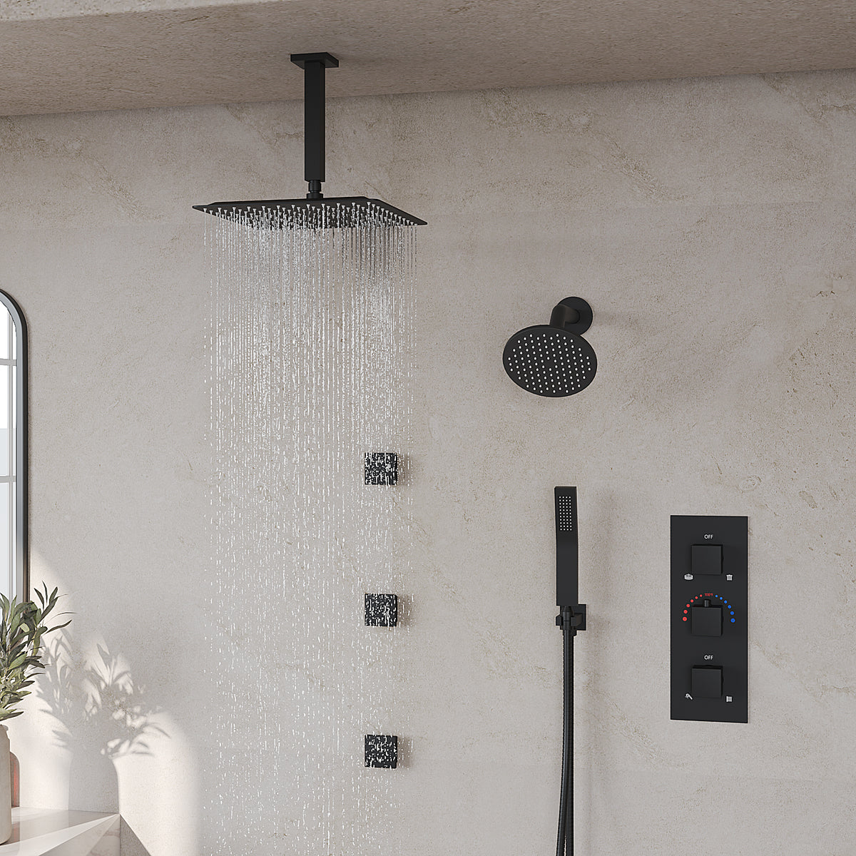 Ceiling-Mounted Multi-Spray Shower System with Adjustable Secondary Head