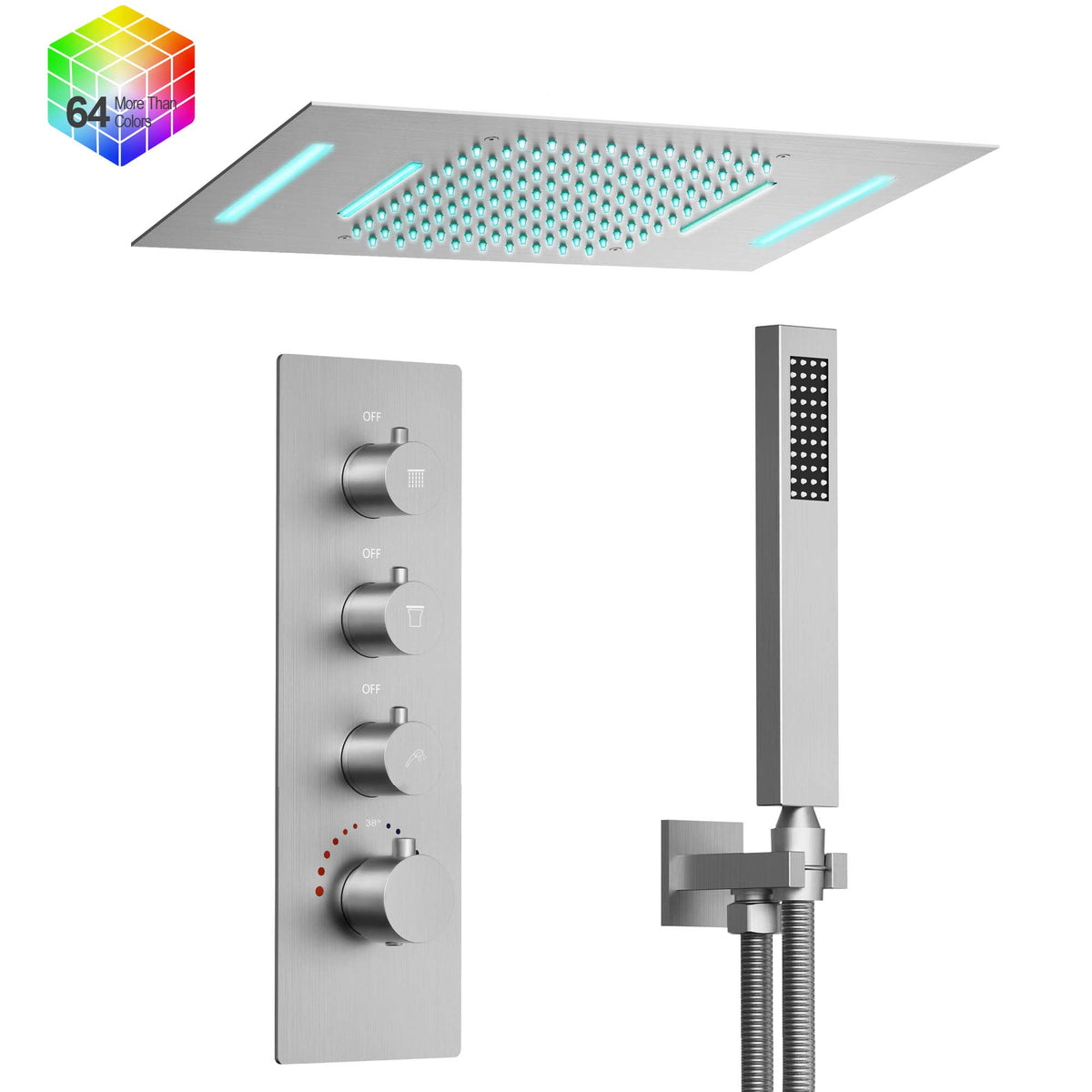 LED Ceiling-Mounted Thermostatic Rainfall and Waterfall Shower System