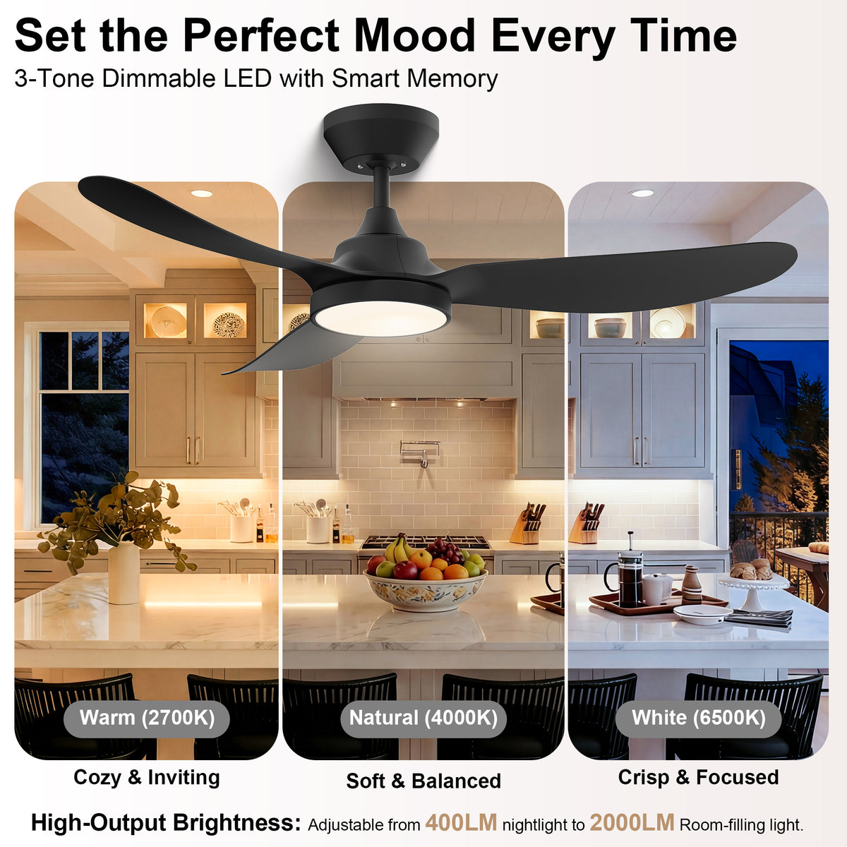 42-Inch Downrod Mount 3-Blade Ceiling Fan with Light and Remote Control