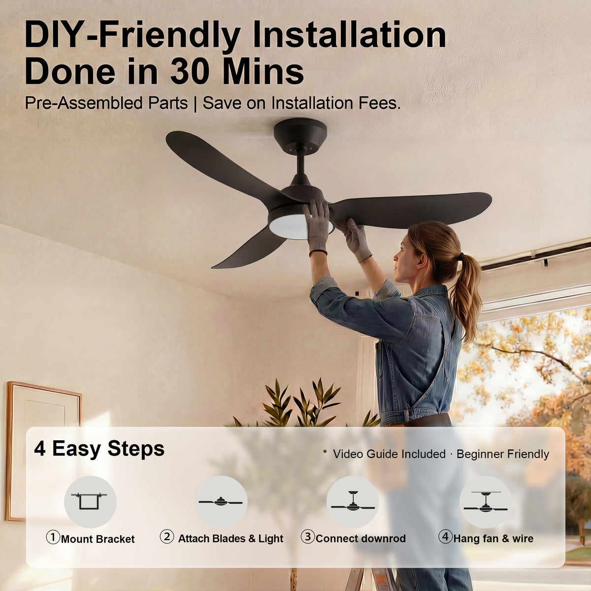 42-Inch Downrod Mount 3-Blade Ceiling Fan with Light and Remote Control