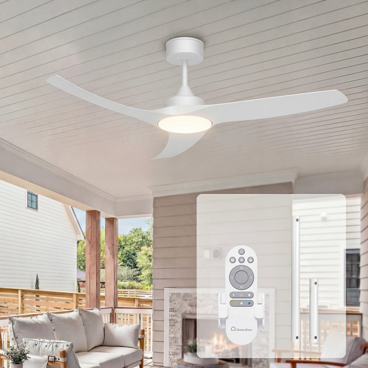 52-Inch Downrod Mount 3-Blade Indoor Outdoor Ceiling Fan with Light and Remote