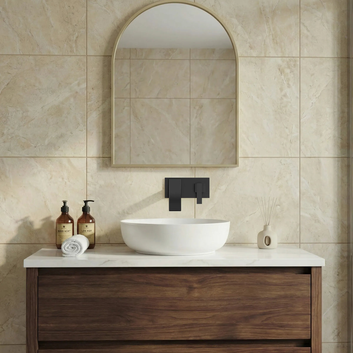 Single-Handle Wall-Mount Bathroom Sink Faucet With Waterfall Spout And Pop-Up Drain