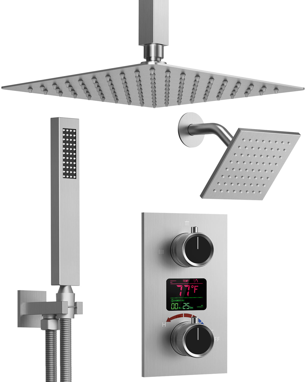 Ceiling-Mounted Dual Shower System with Adjustable Handheld Spray