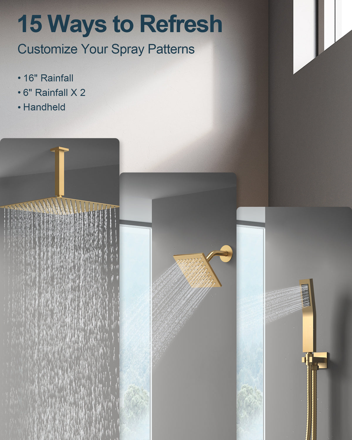 Ceiling-Mounted Triple-Head Shower System with Adjustable Handheld Spray