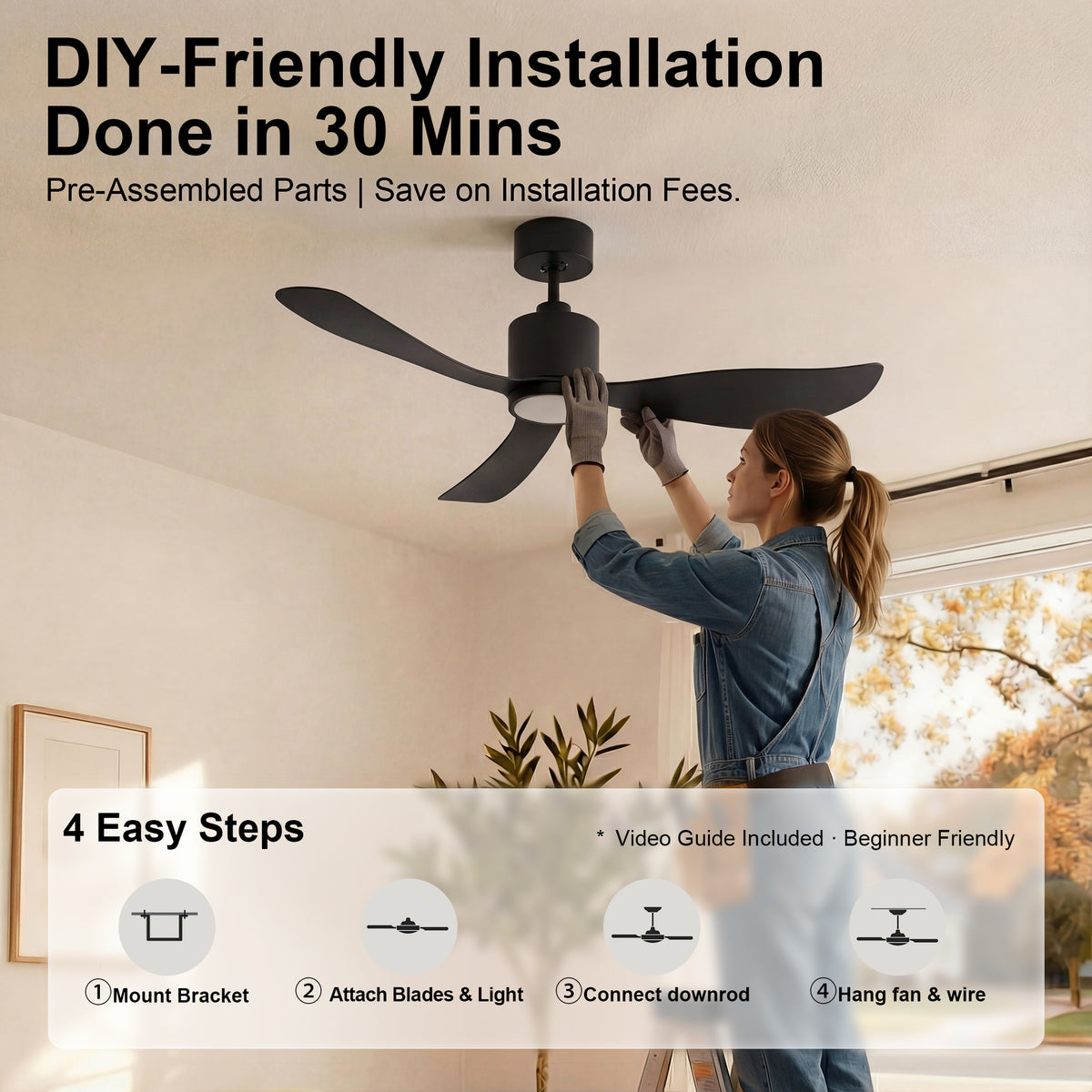 52-Inch Downrod Mount 3-Blade Ceiling Fan with Light and Remote Control