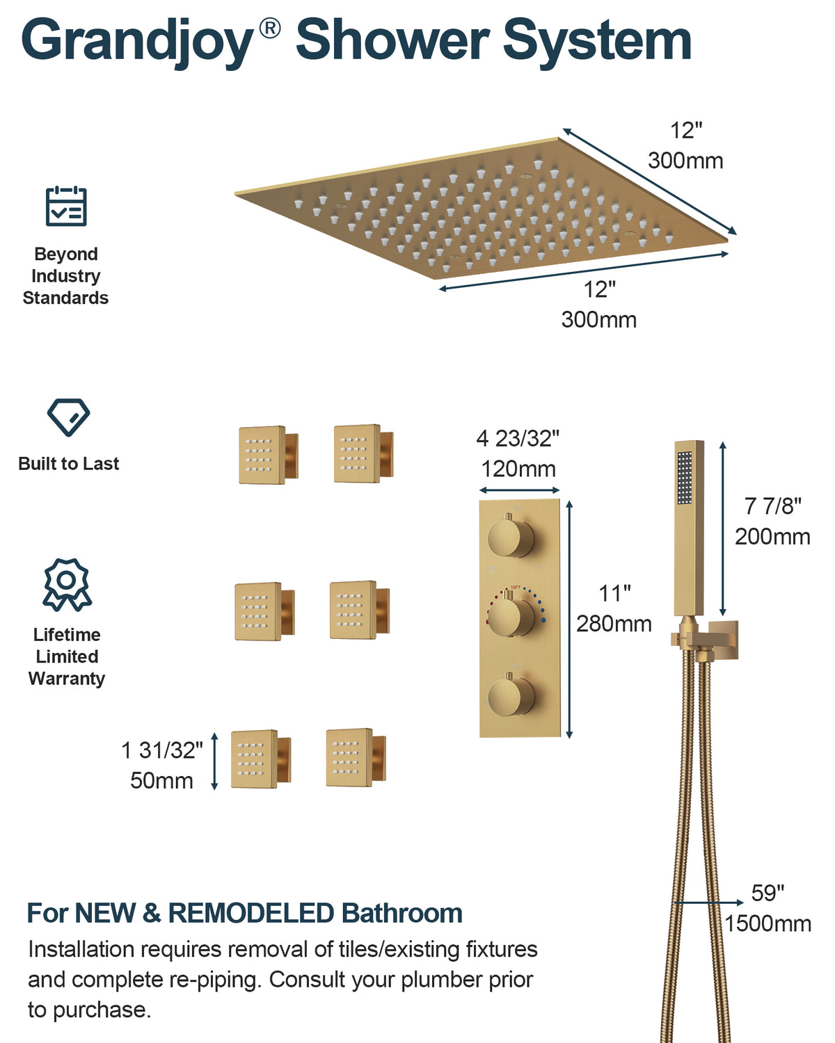 LED Ceiling-Mounted Thermostatic Shower System with Body Jets and Handheld