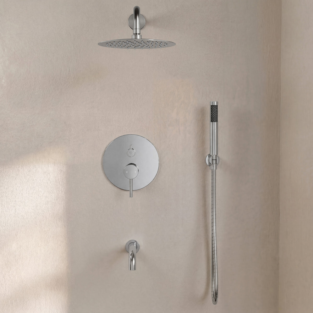 Round Wall-Mounted Rain Shower System with Handheld and Tub Spout