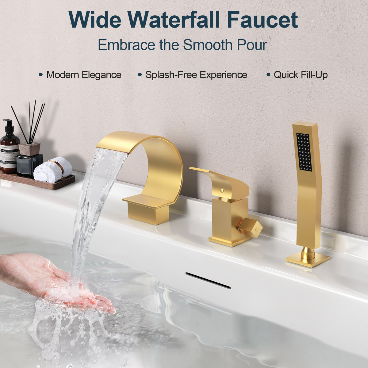 Deck-Mounted Waterfall Bathtub Faucet with Single Handle and Hand Shower