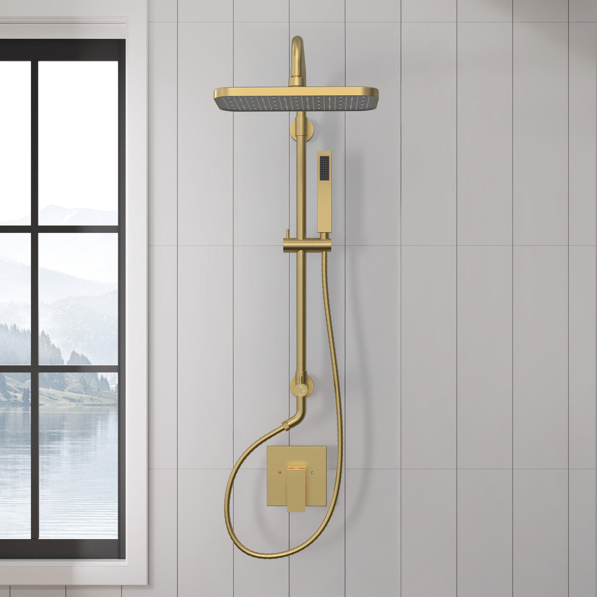 Exposed Shower System with Wide Rain Head and Handheld Spray