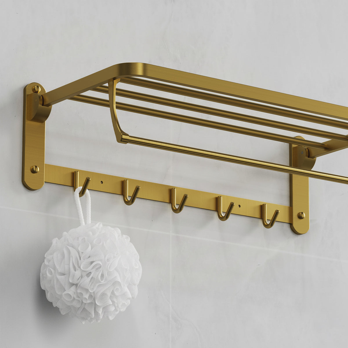 Foldable Wall-Mounted Towel Rack with Shelf and Five Hooks