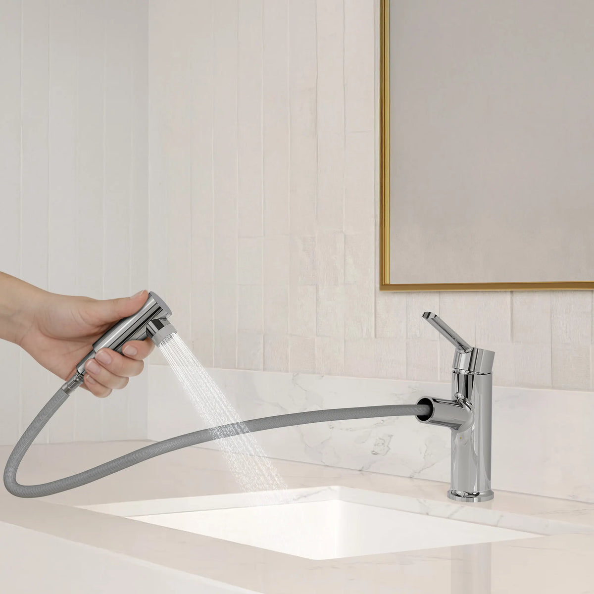 Single-Handle Pull-Out Bathroom Sink Faucet With Dual Spray Modes And Pop-Up Drain
