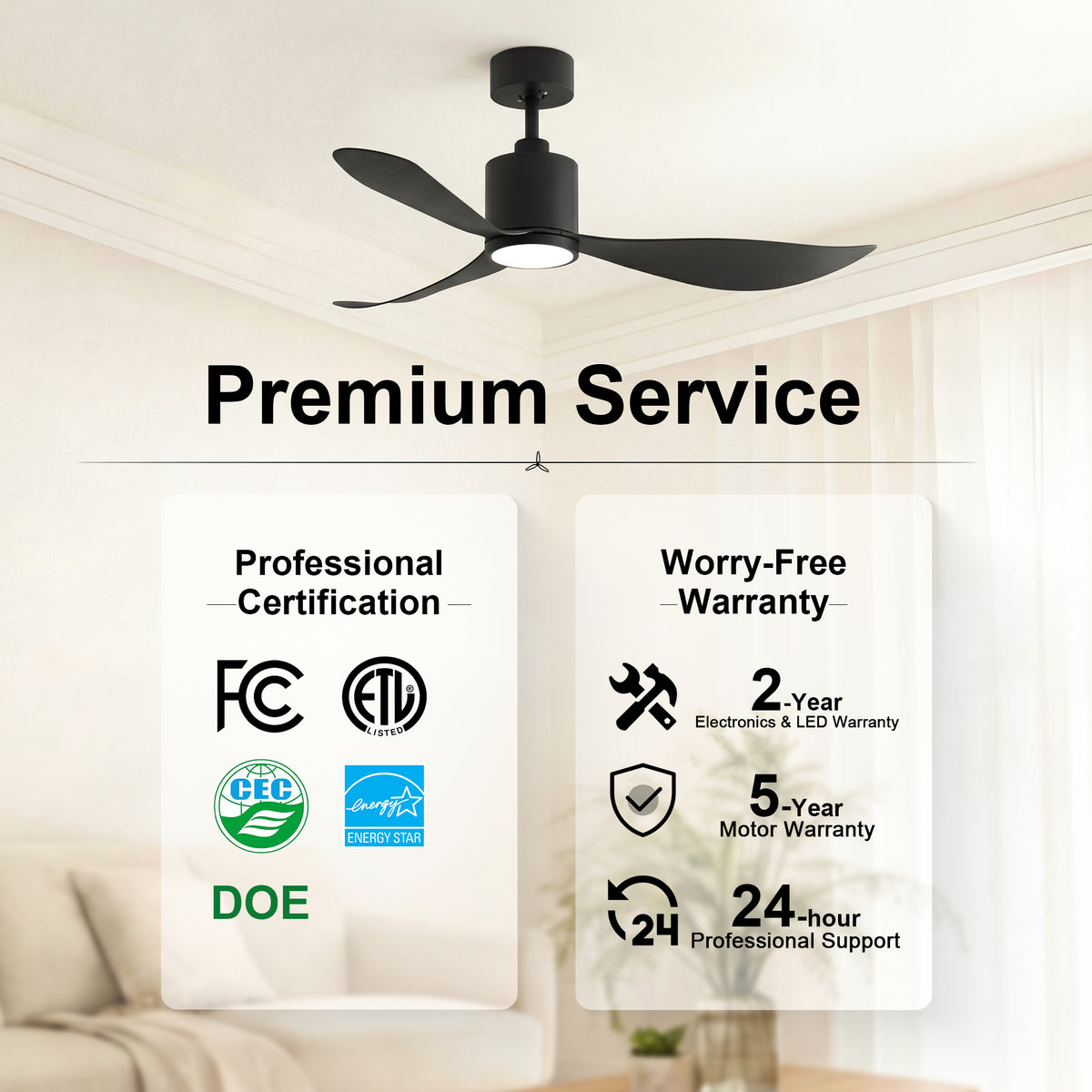 52-Inch Downrod Mount 3-Blade Ceiling Fan with Light and Remote Control