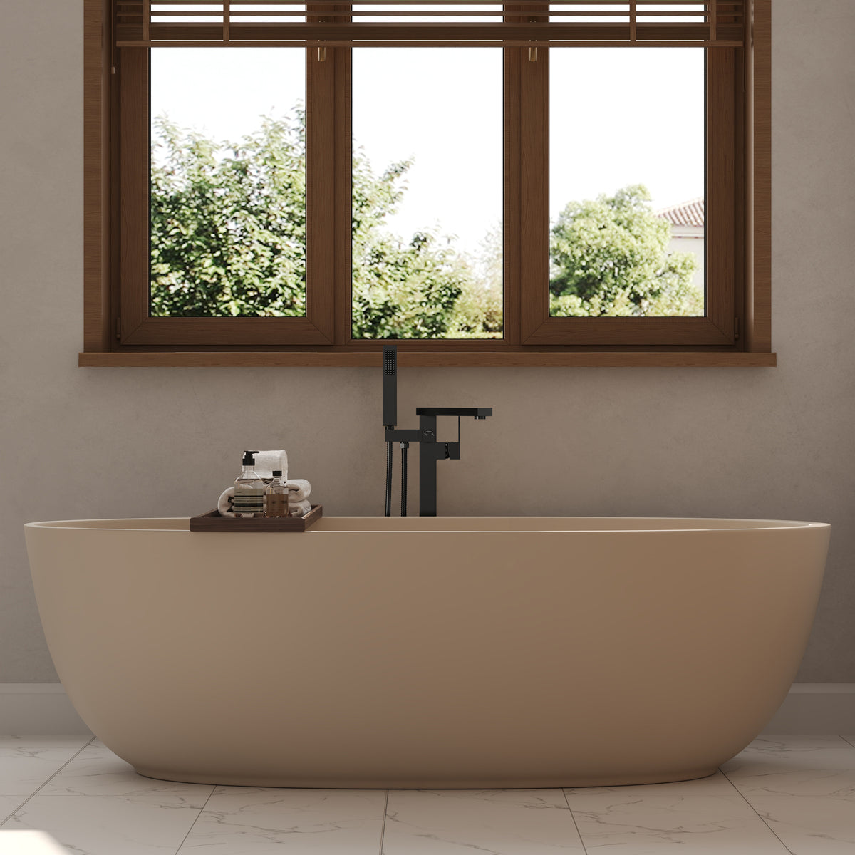 Freestanding Floor-Mounted Bathtub Faucet with Hand Shower and Swivel Spout