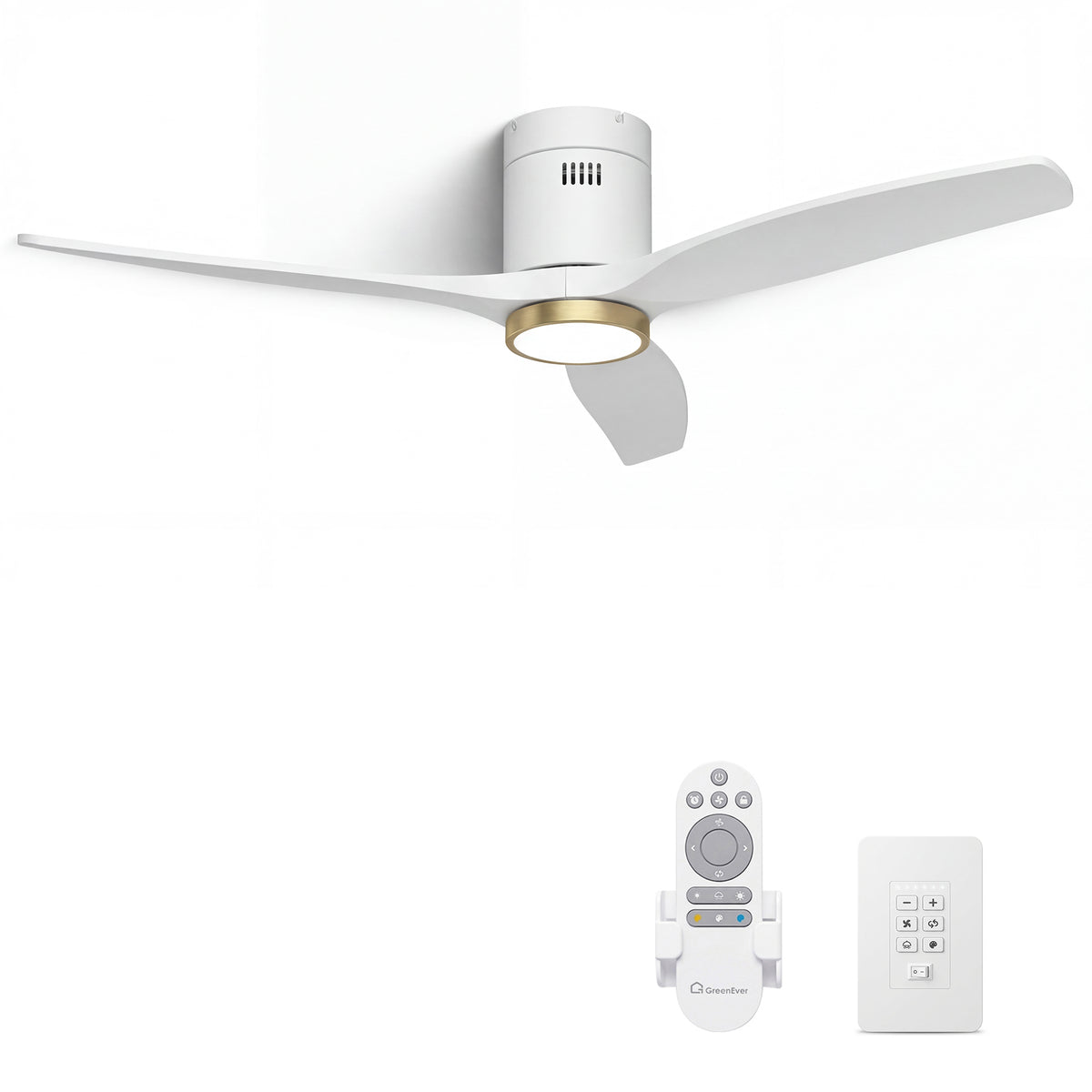 52-Inch Flush-Mount 3-Blade Ceiling Fan with Light, Wall Control and Remote