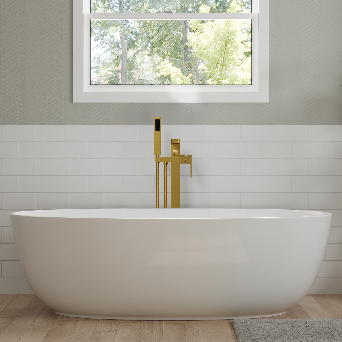 Square Floor-Mounted Bathtub Faucet with Hand Shower and Swivel Spout