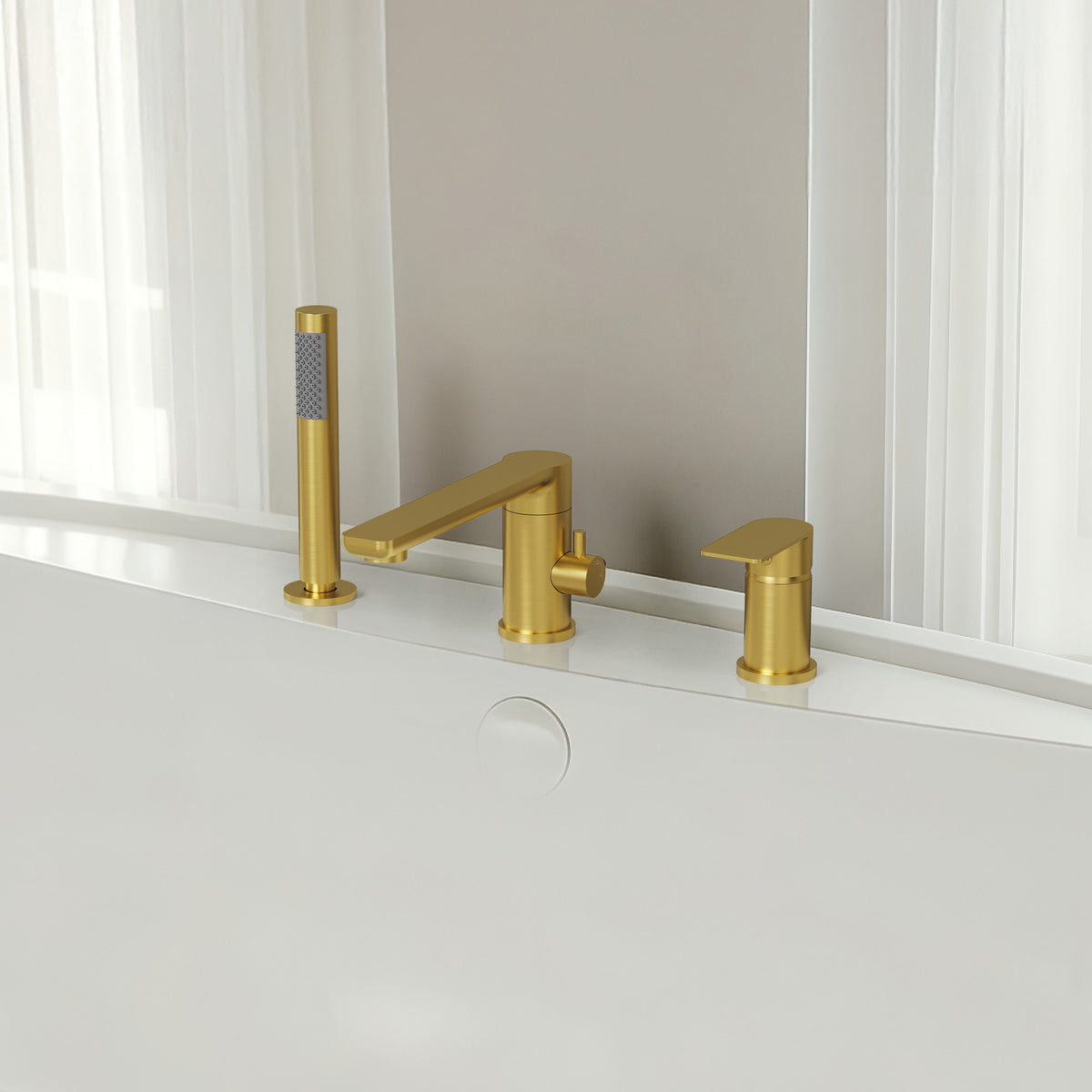 Low-Arc Deck-Mounted Bathtub Faucet with Hand Shower and Swivel Spout