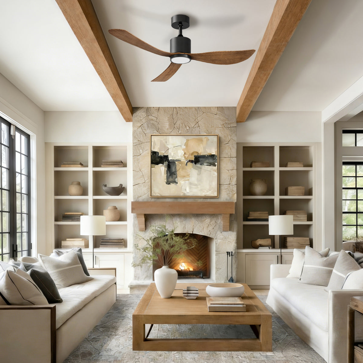 52-Inch Downrod Mount 3-Blade Ceiling Fan with Light and Remote Control