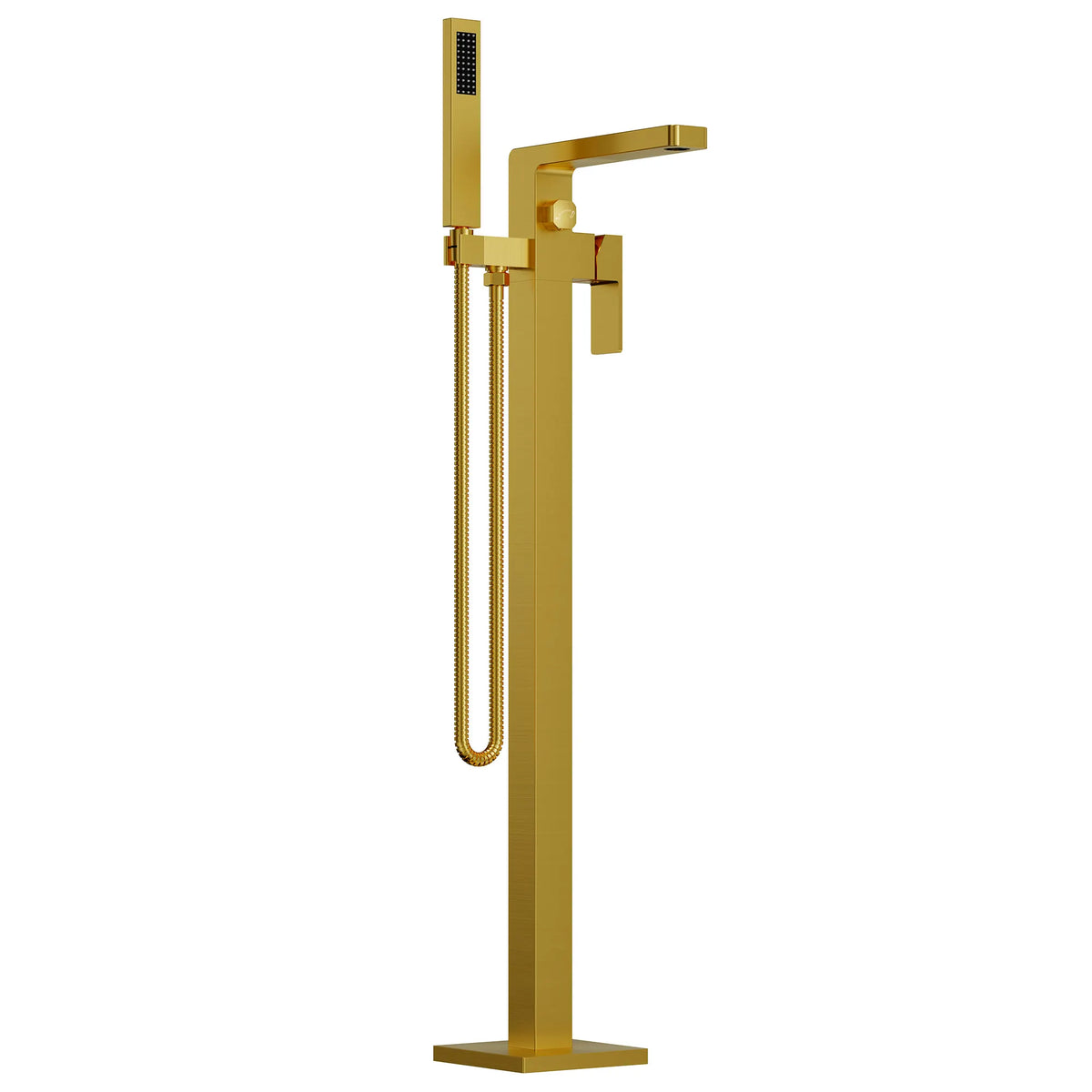 Square Floor-Mounted Bathtub Faucet with Hand Shower and Swivel Spout