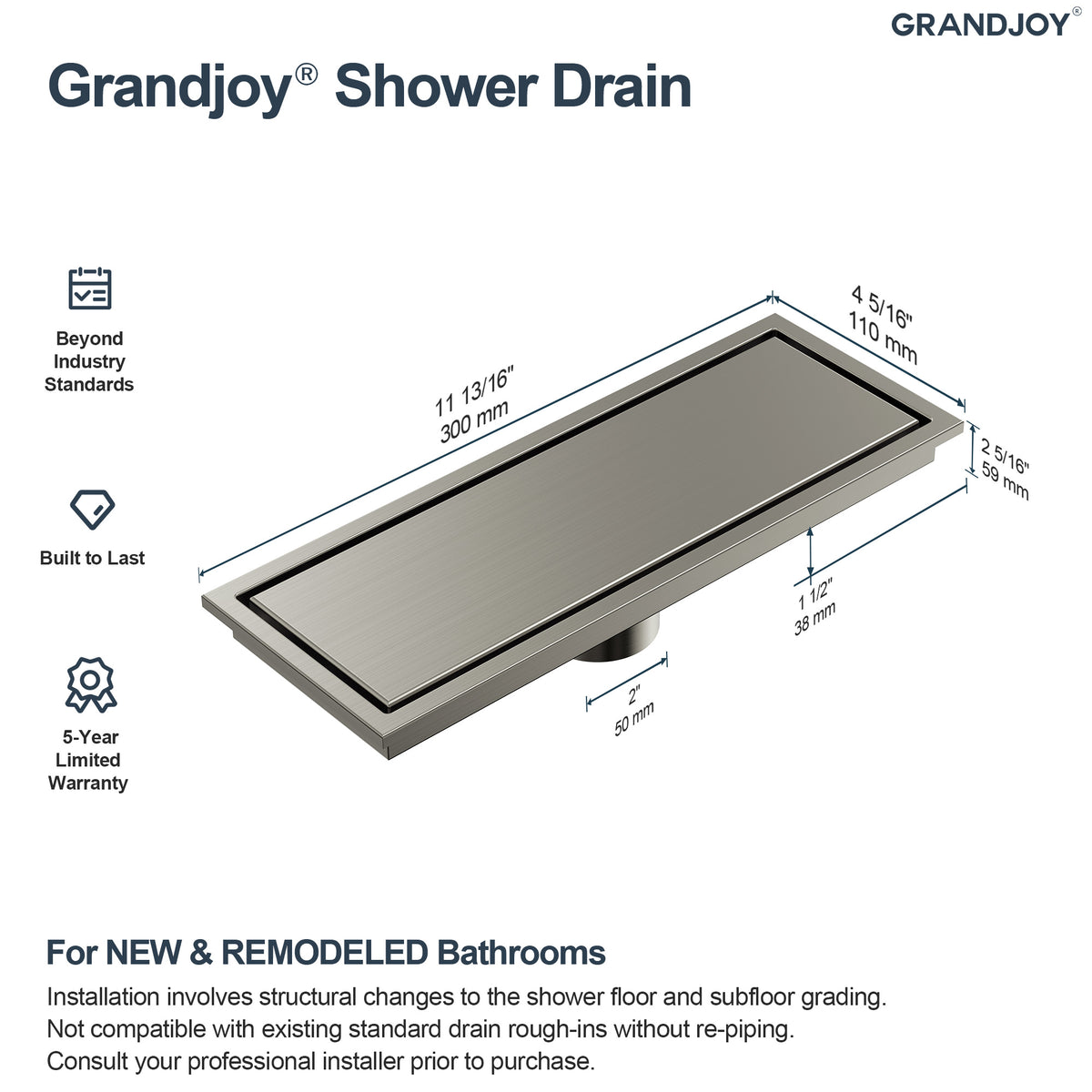 12-Inch Reversible Rectangular Shower Drain with Anti-Odor Core