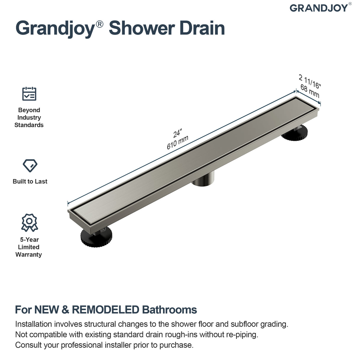 24-Inch Reversible Linear Shower Drain Kit with Anti-Odor Core