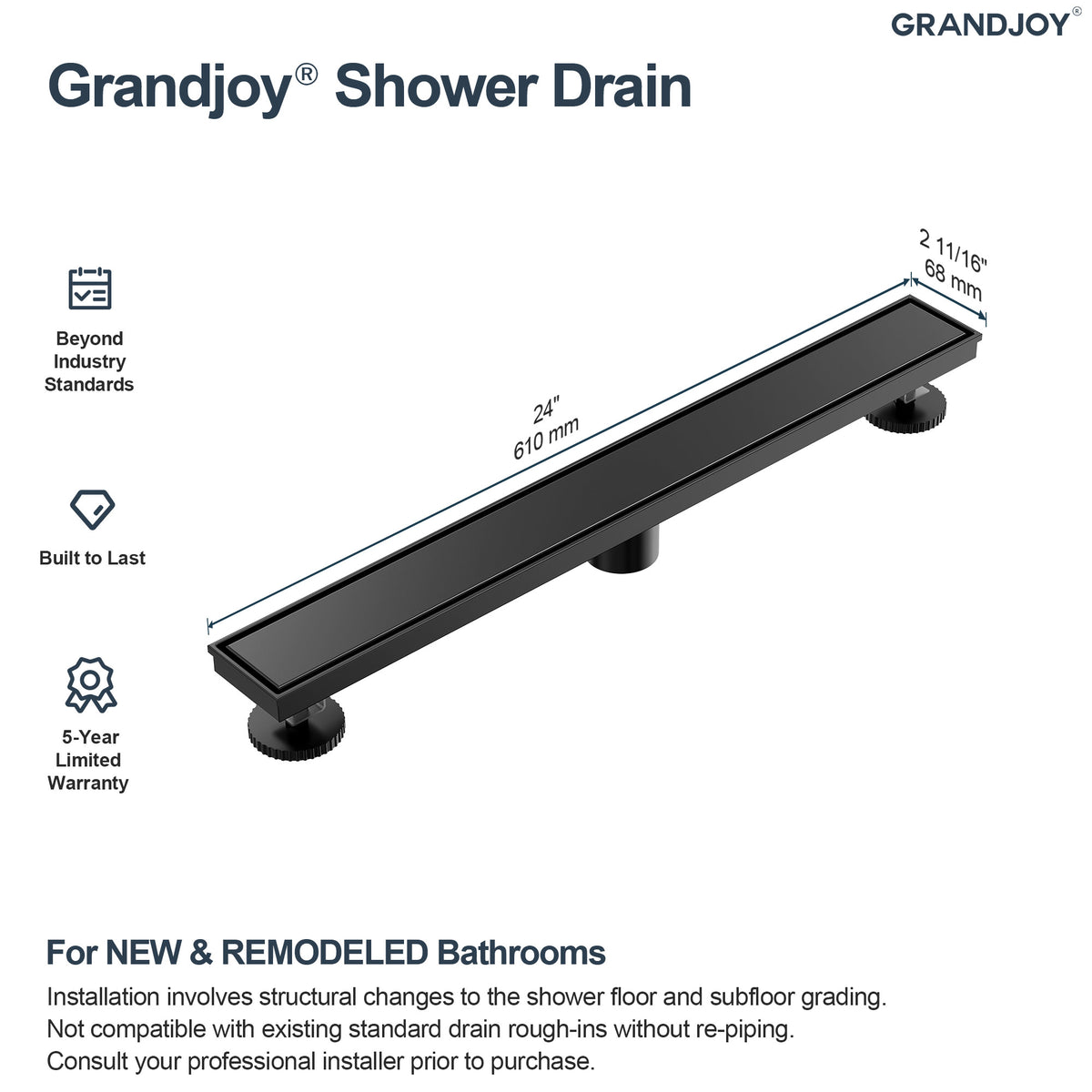 24-Inch Reversible Linear Shower Drain Kit with Anti-Odor Core