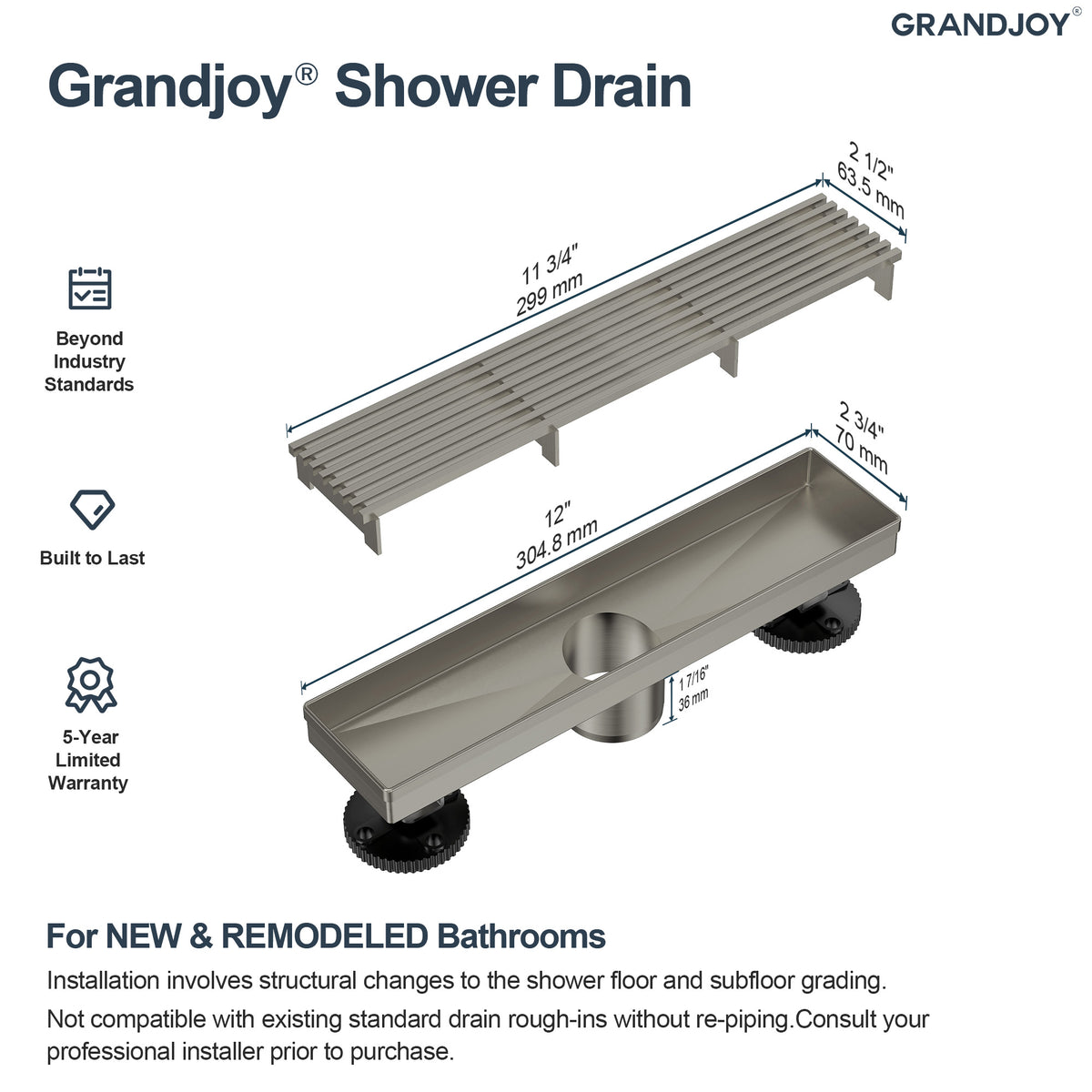12-Inch Stainless Steel Linear Shower Drain with Easy-Clean Design