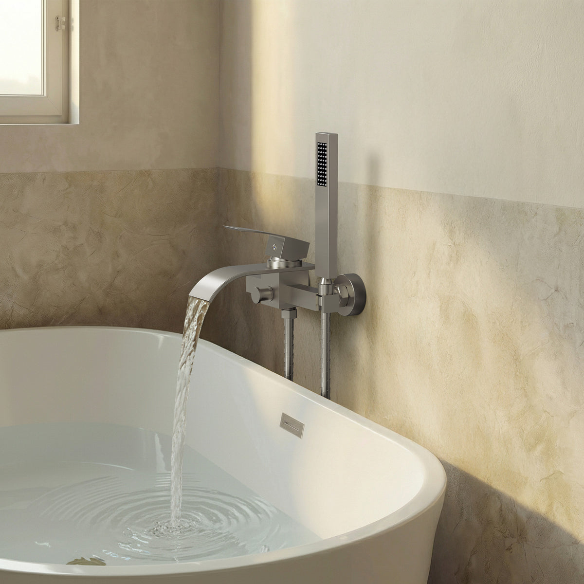 Wall-Mounted Waterfall Bathtub Faucet with Hand Shower and Single Handle