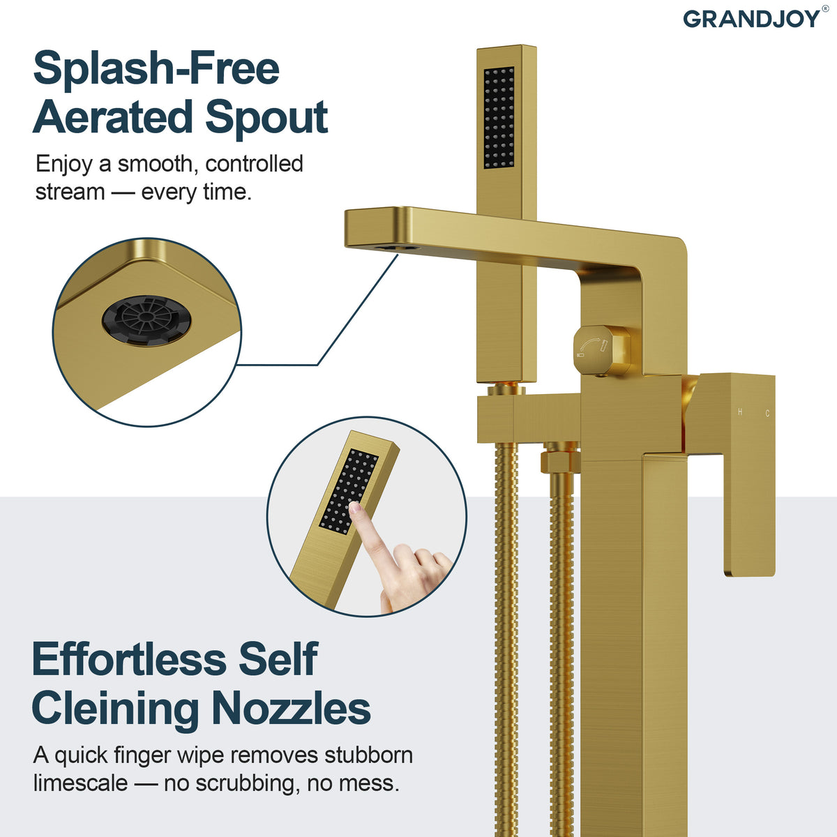 Square Floor-Mounted Bathtub Faucet with Hand Shower and Swivel Spout