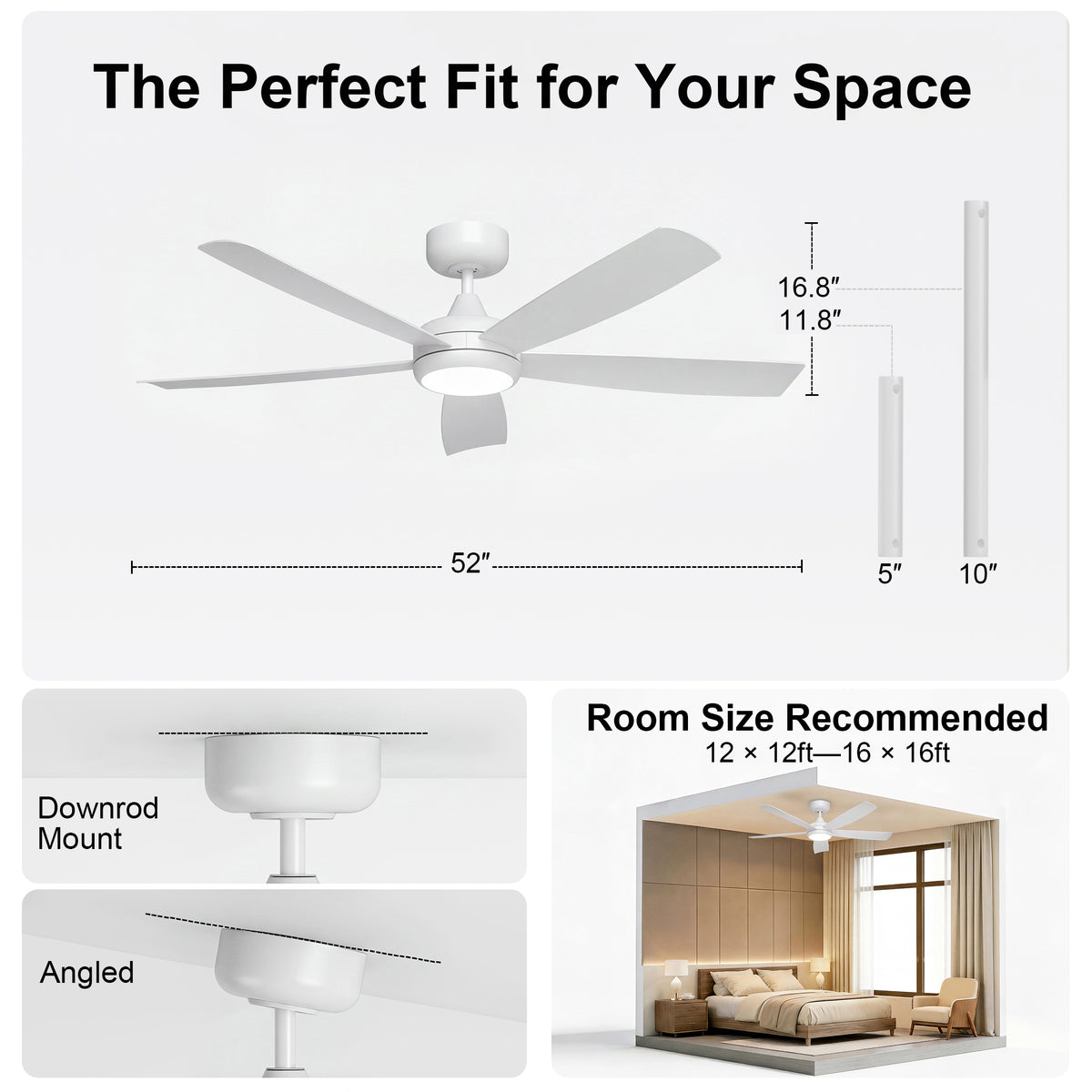 52-Inch Flush Mount 5-Blade Ceiling Fan with Light and Smart Control