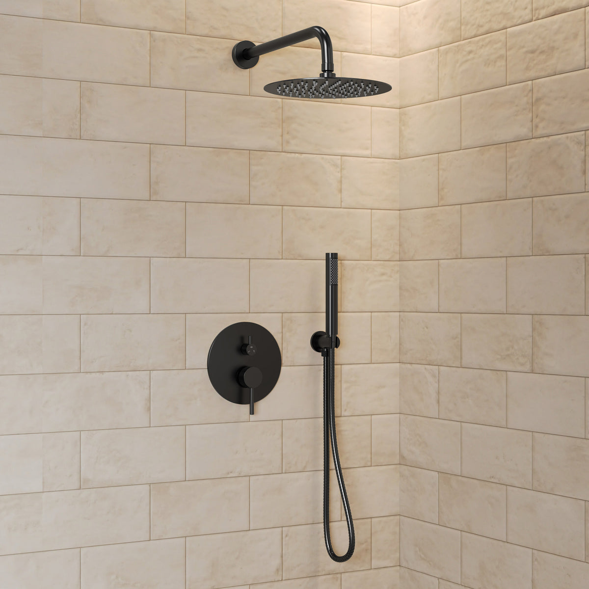 Round Wall-Mounted Shower System with Rainfall Head and Handheld