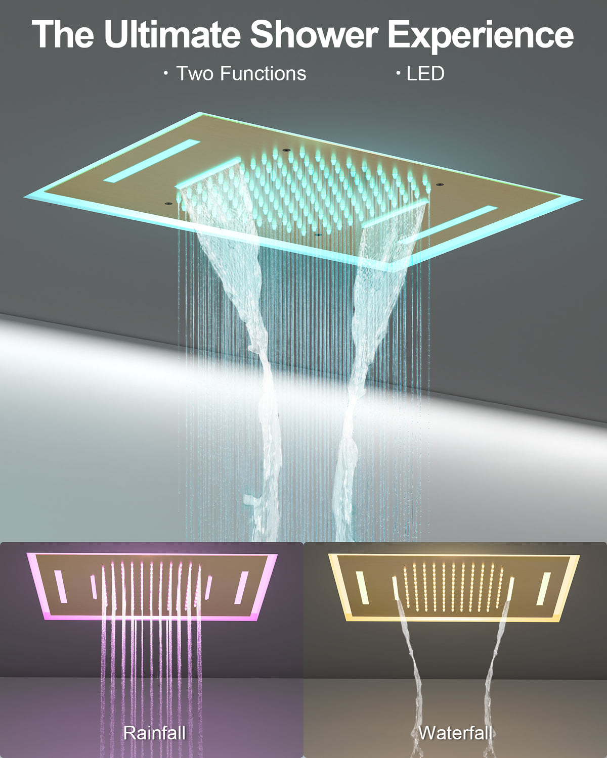 LED Ceiling-Mounted Thermostatic Rainfall and Waterfall Shower System