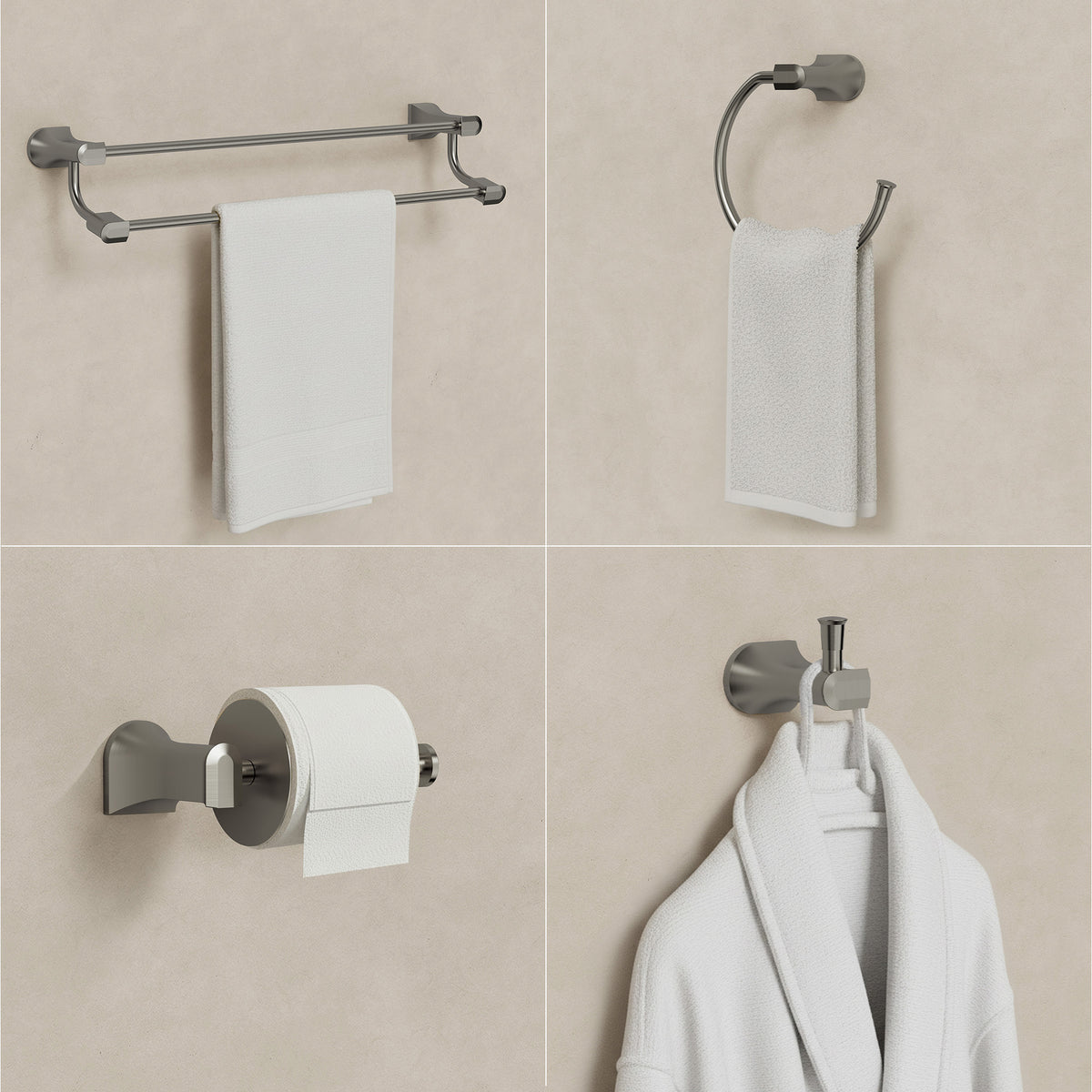 Four-Piece Wall-Mounted Bathroom Hardware Set with Dual Towel Rack