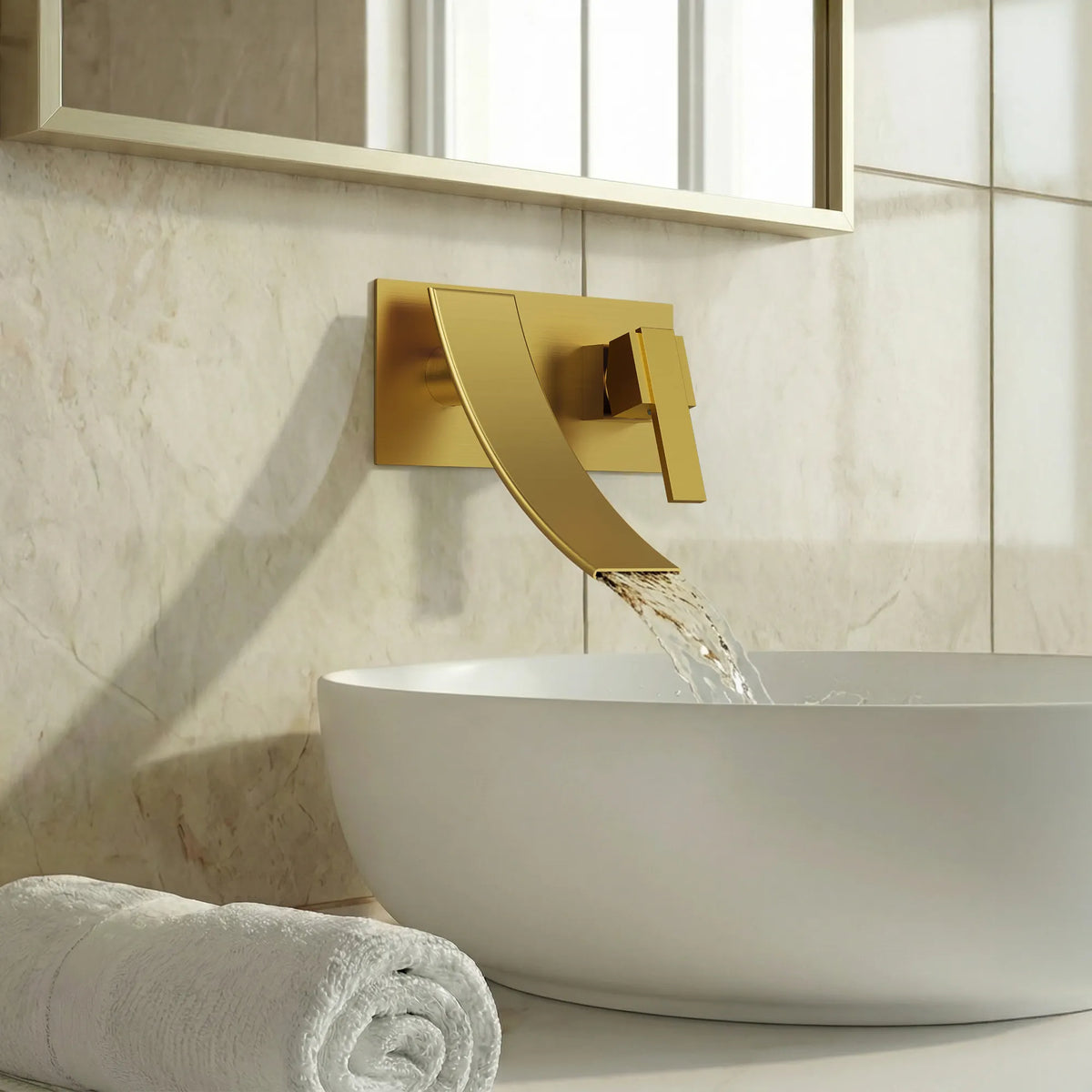 Single-Handle Wall-Mount Bathroom Sink Faucet With Waterfall Spout And Pop-Up Drain