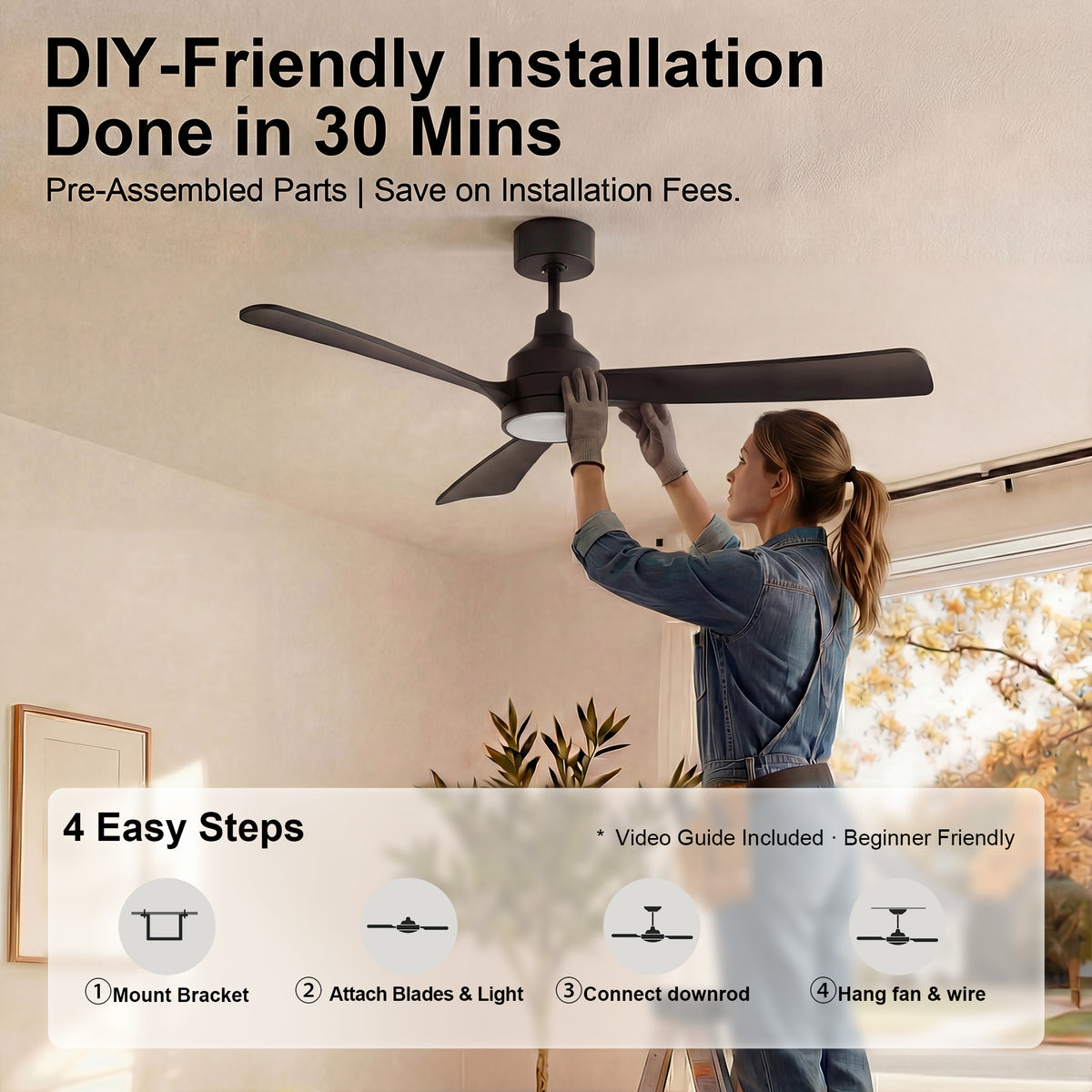 52-Inch Downrod Mount 3-Blade Ceiling Fan with Light and Remote Control