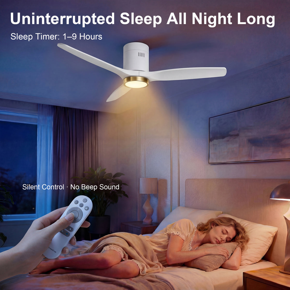 52-Inch Flush-Mount 3-Blade Ceiling Fan with Light, Wall Control and Remote