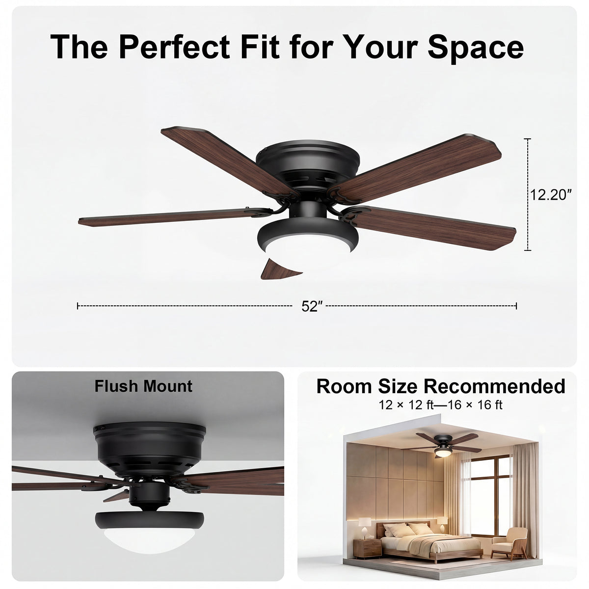 52-Inch Flush Mount 5-Blade Ceiling Fan with Light and Remote Control