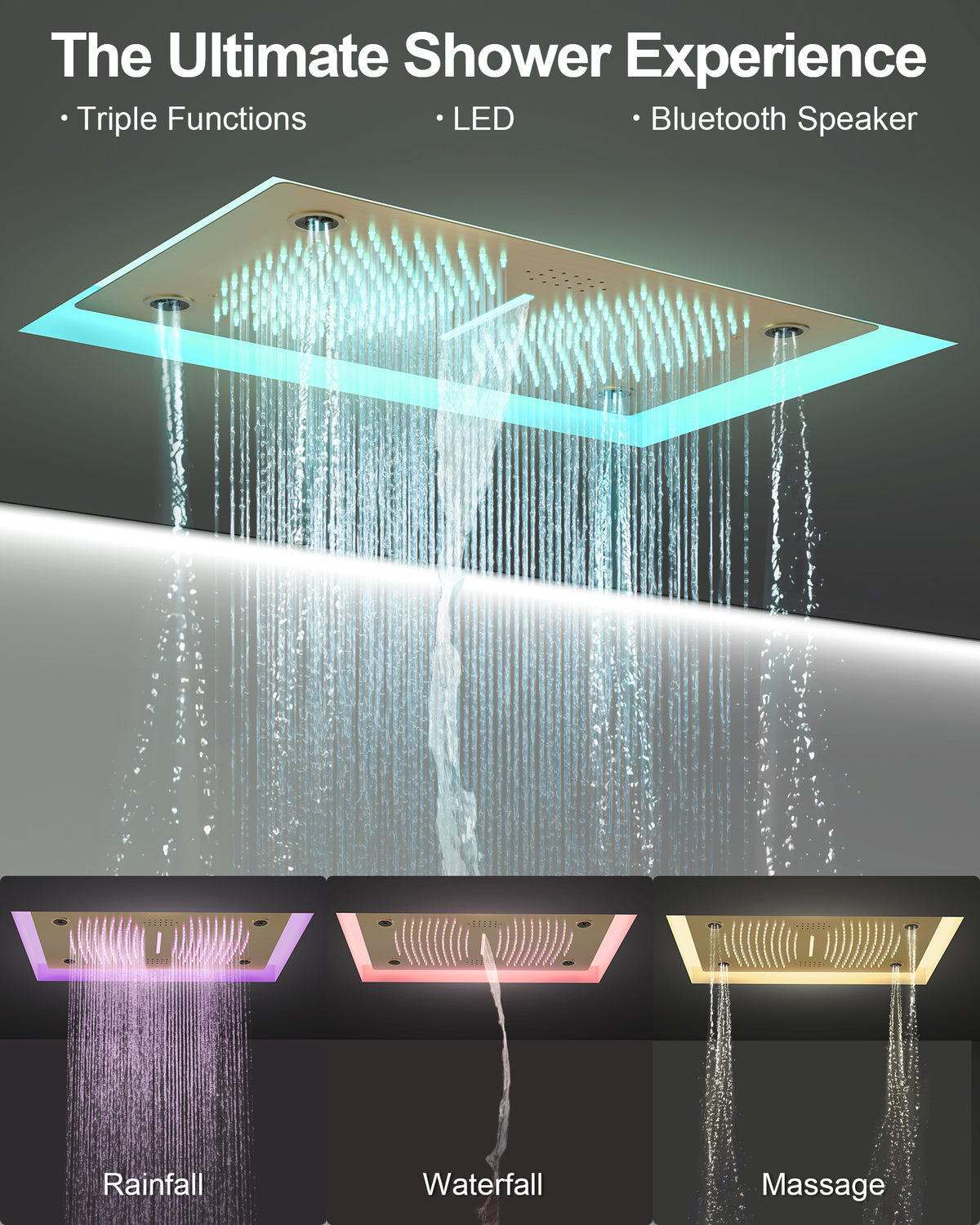 LED Bluetooth Dual-Head Ceiling-Mounted Shower System with Body Jets