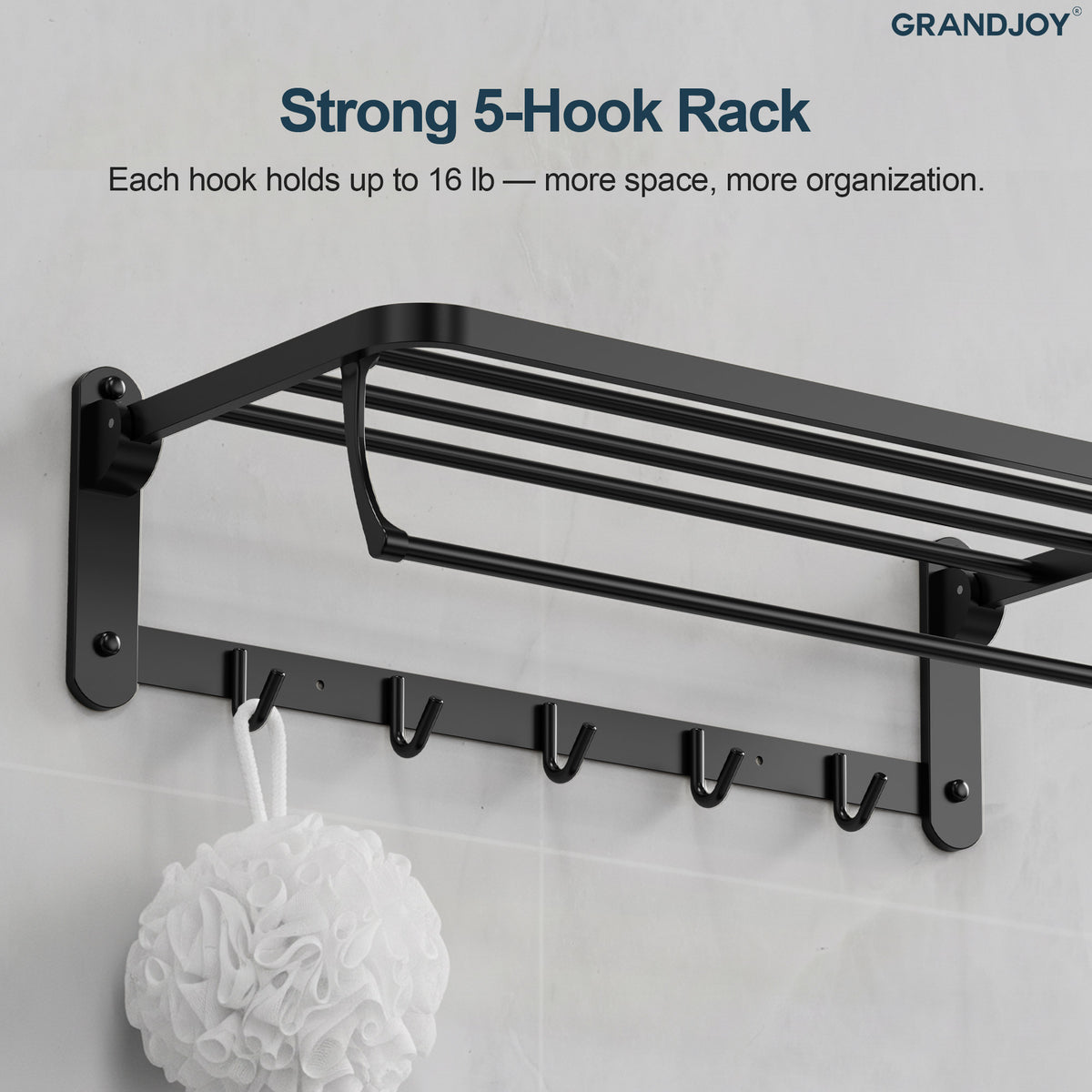 Foldable Wall-Mounted Towel Rack with Shelf and Five Hooks