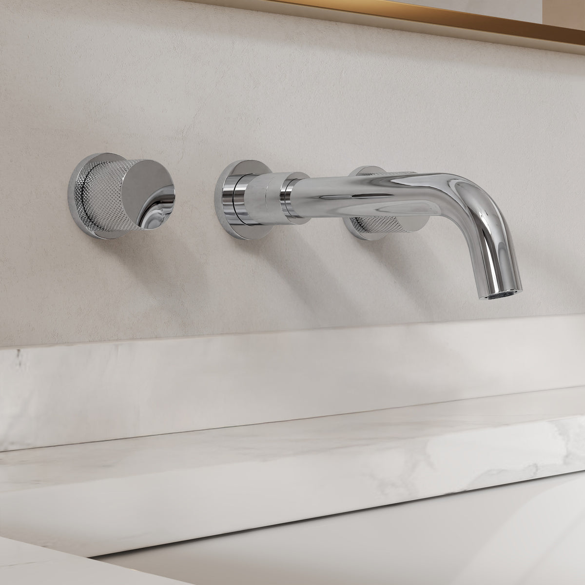 Two-Handle Wall-Mount Bathroom Sink Faucet With Pop-Up Drain