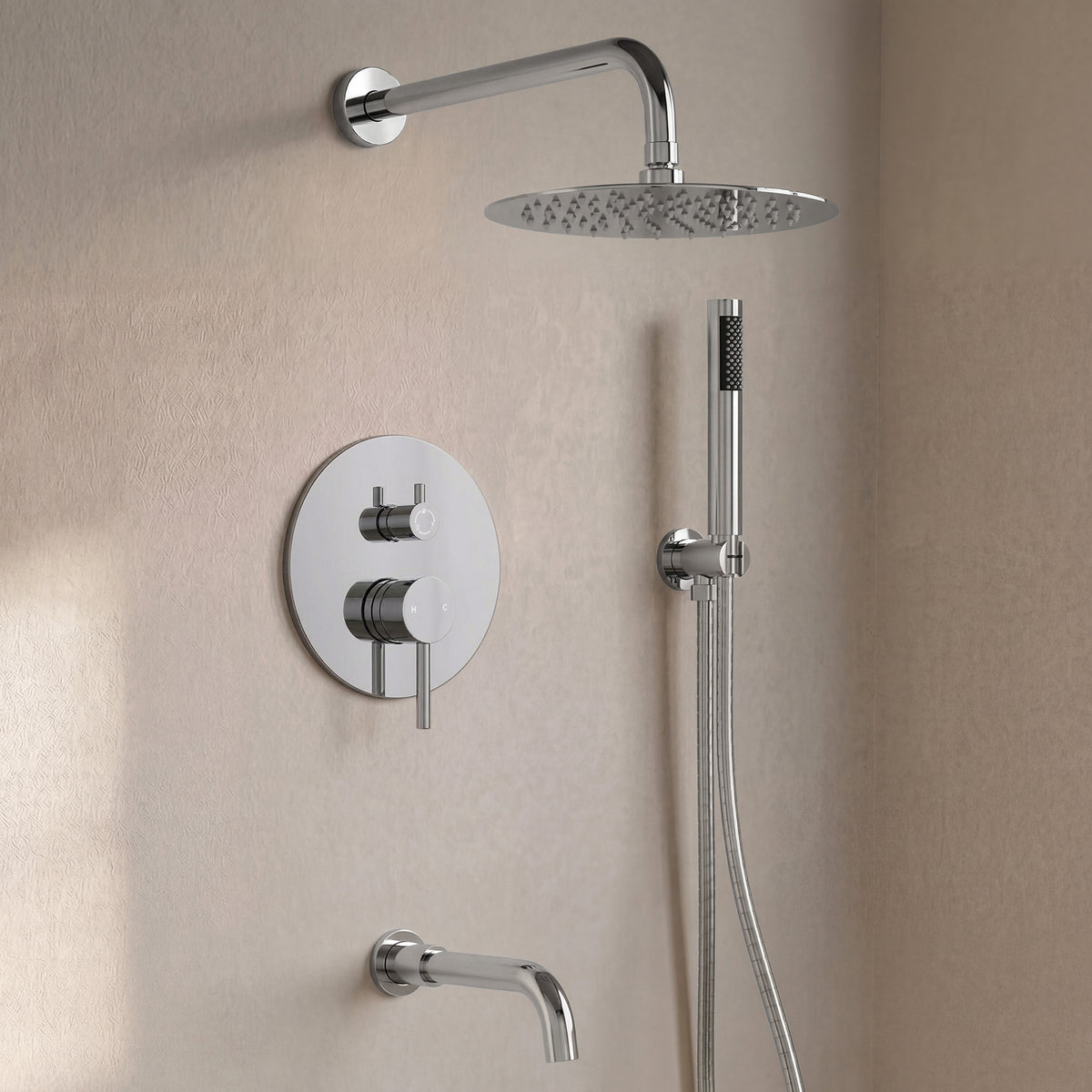 Round Wall-Mounted Rain Shower System with Handheld and Tub Spout