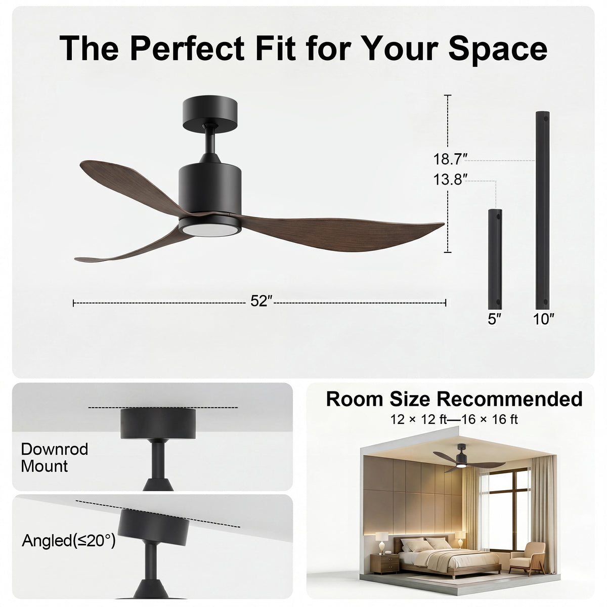 52-Inch Downrod Mount 3-Blade Ceiling Fan with Light and Remote Control