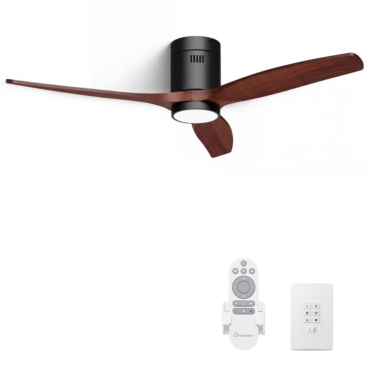 52-Inch Flush-Mount 3-Blade Ceiling Fan with Light, Wall Control and Remote