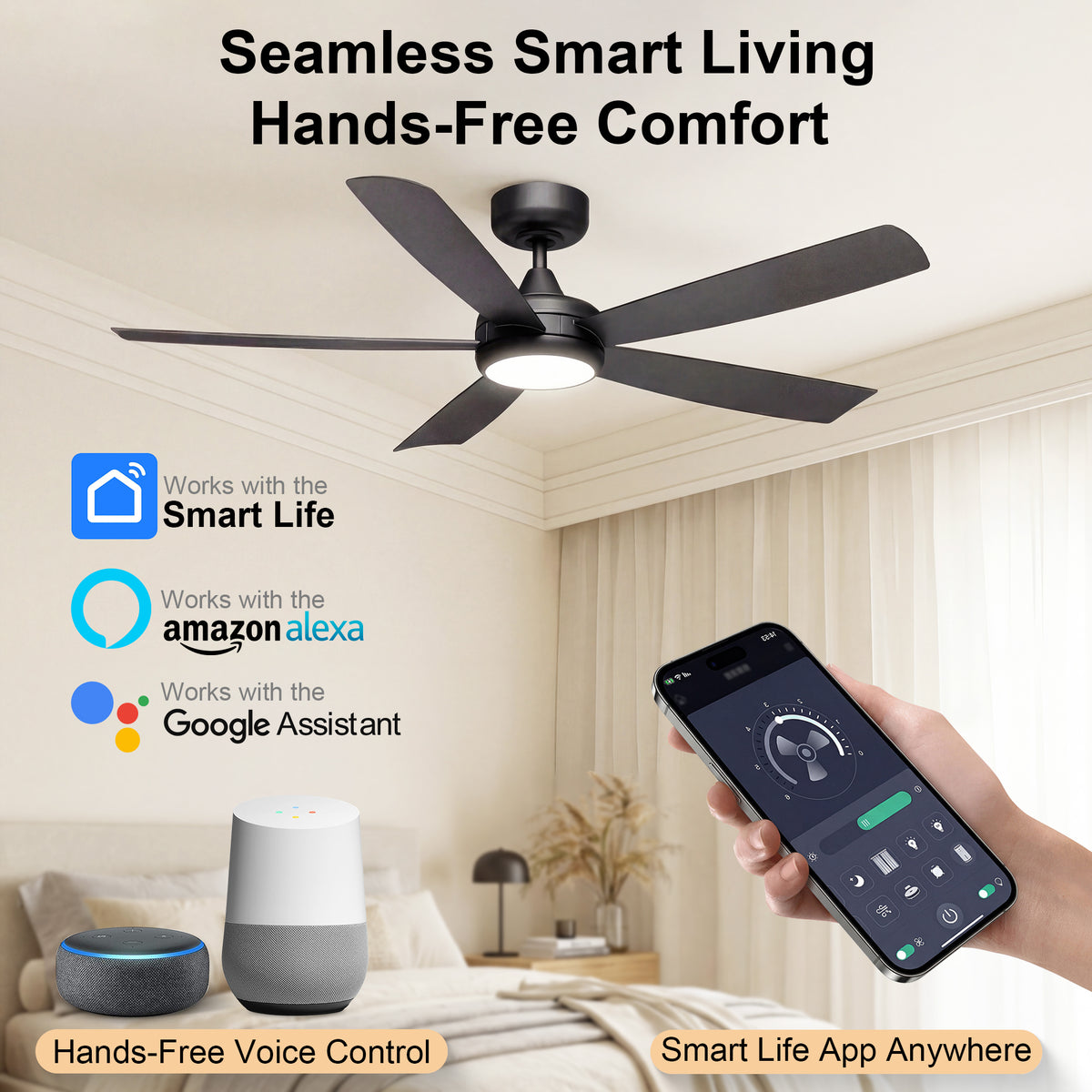 52-Inch Flush Mount 5-Blade Ceiling Fan with Light and Smart Control