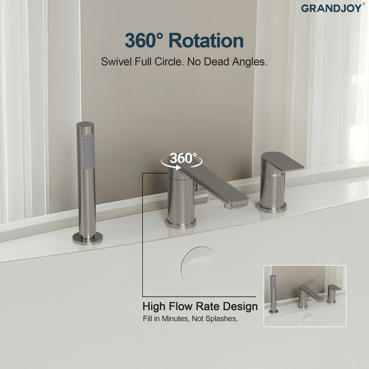 Low-Arc Deck-Mounted Bathtub Faucet with Hand Shower and Swivel Spout