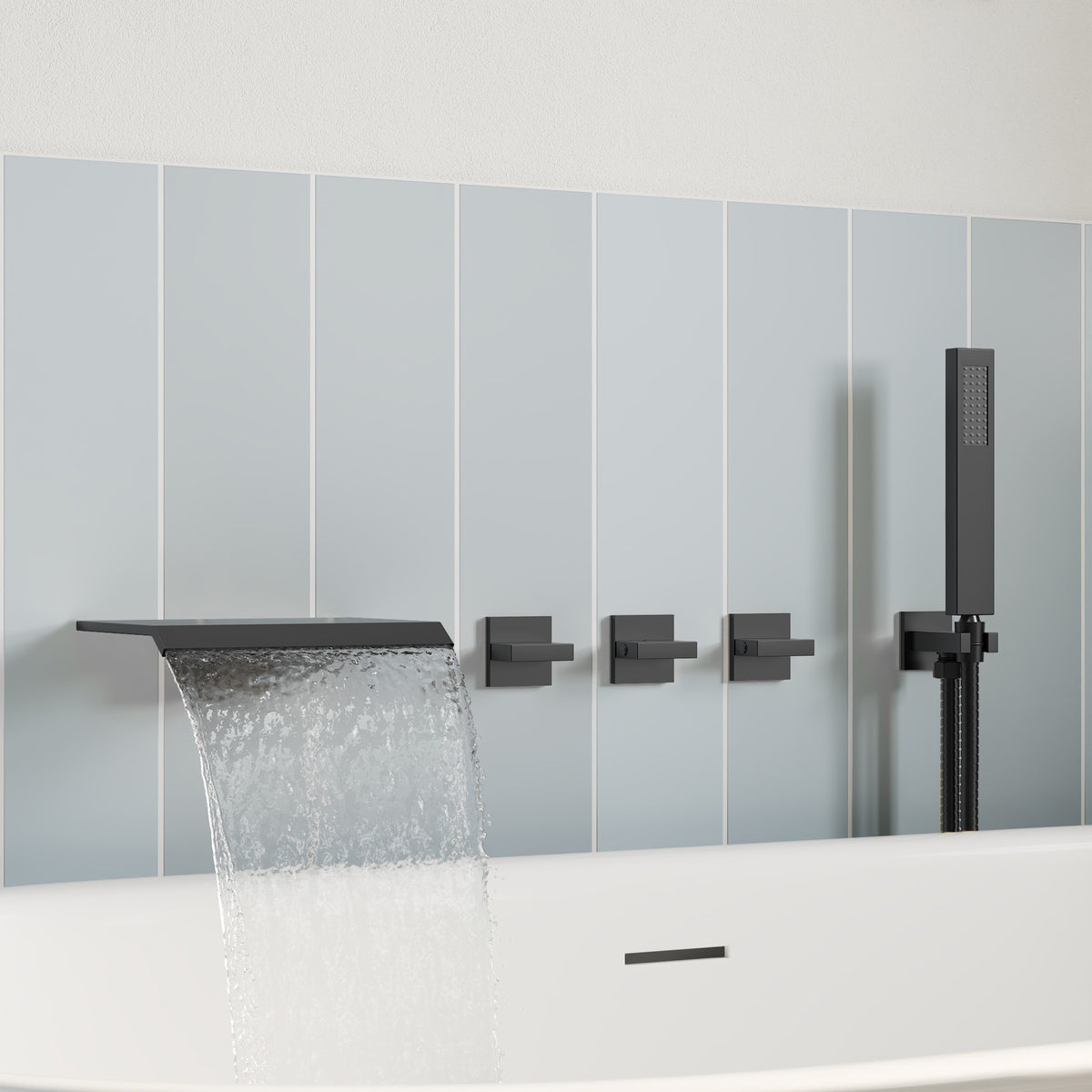 Wall-Mounted Floor-Mounted bathtub with Three Handles and Hand Shower