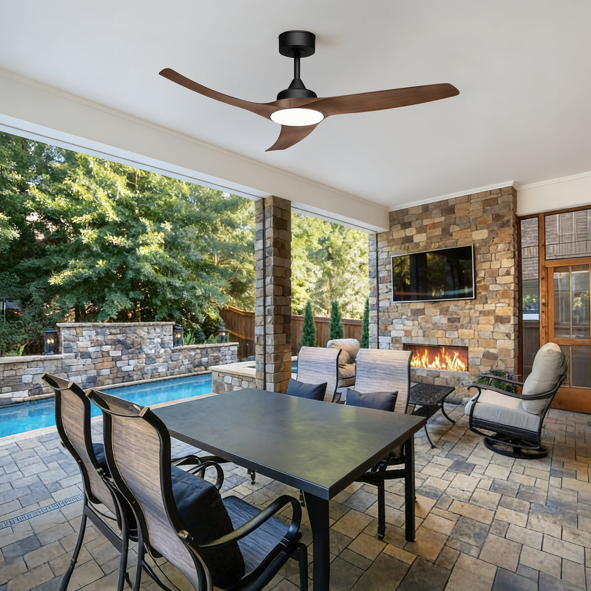 52-Inch Downrod Mount 3-Blade Indoor Outdoor Ceiling Fan with Light and Remote