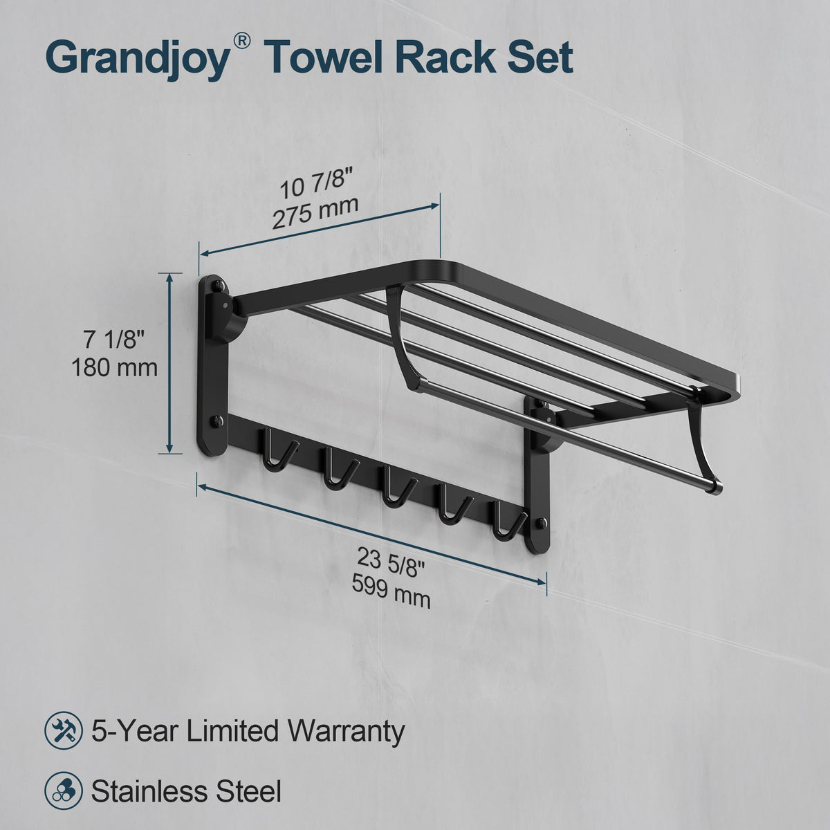 Foldable Wall-Mounted Towel Rack with Shelf and Five Hooks
